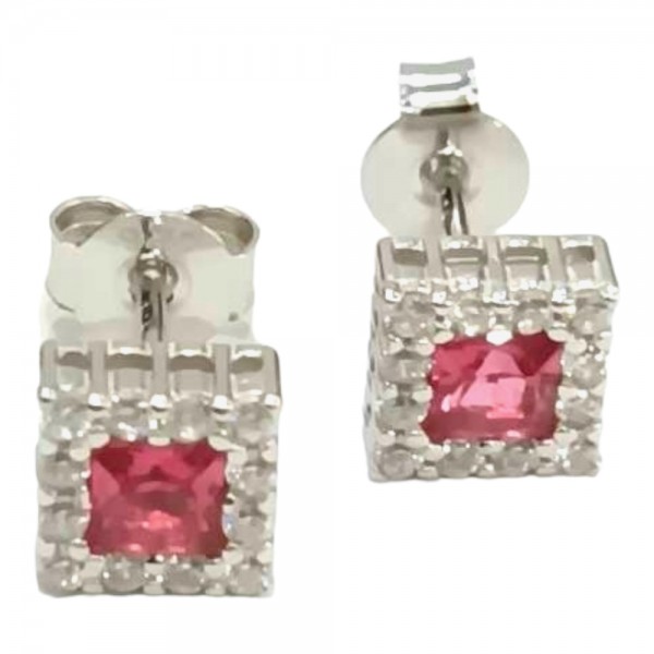 Ασημένια σκουλαρίκια καρφωτα Prince silvero Ασημι ροζετα τετραγωνη με πετρα ρουμπινι