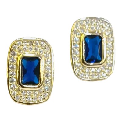 Ασημένια σκουλαρίκια καρφωτα Prince silvero χρυσο με μπλε τοπαζι πετρα στη μεση και δυο σειρες λευκα ζιργκον