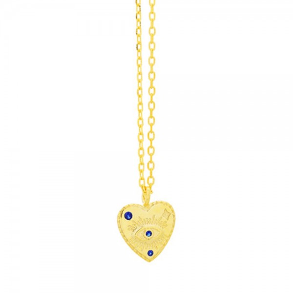 Aσημενιο κολιε 925 Prince silvero χρυσο καρδια με ματι και blue sapphire πετρες 3A-KD586-3M