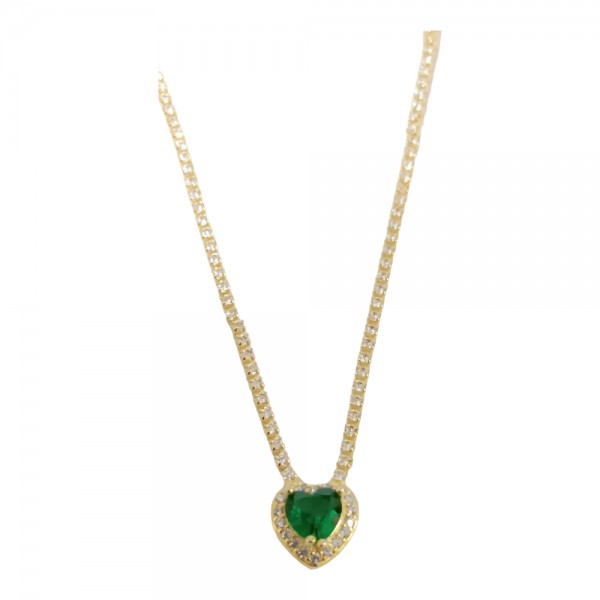 Aσημενιο κολιε 925 Prince silvero χρυσο ριβιερα ροζετα καρδια με χρωμα emerald 1,2mm 3A-KD630-3E