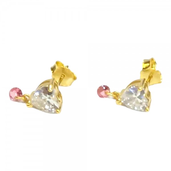 Ασημένια σκουλαρίκια καρφωτα Prince silvero χρυσο πετρα σε σχημα καρδιας λευκη και κρεμαστη πετρα ροζ