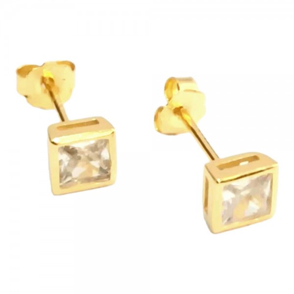 Ασημένια σκουλαρίκια καρφωτα Prince silvero χρυσο τετραγωνο μονοπετρο 4mm