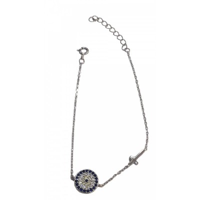 Γυναικειο ασημενιο 925 βραχιολι Prince silvero ασημι μεγαλο ματακι με σταυρο και μπλε πετρες ζιργκον 9a-br090-44m