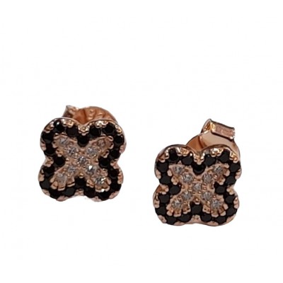 Γυναικεια ασημενια 925 σκουλαρικια Prince silvero χρυσο σχεδιο σταυρος με ροζ και μαυρες πετρες ζιργκον 0,65x1,5cm