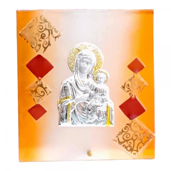 MODA MOSTRA Ασημένια τετραγωνη εικόνα σε χειροποίητo πορτοκαλι γυαλί Παναγια Χριστος 20x23cm MM-66082